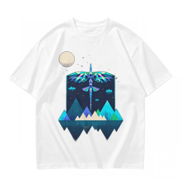 Olive T-Shirt With Geometric Dragonfly Mountain Night Scene Print