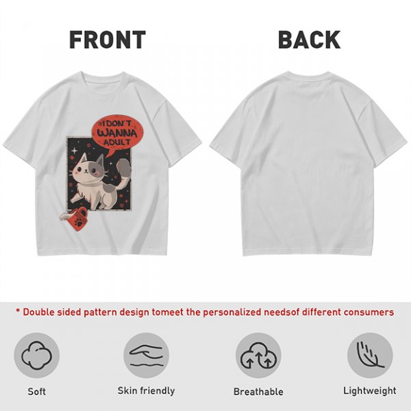 Olive cat graphic t-shirt with 'I don't wanna adult' print