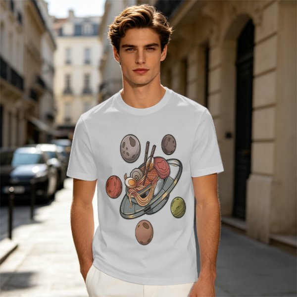 Olive green t-shirt with ramen planet space graphic print