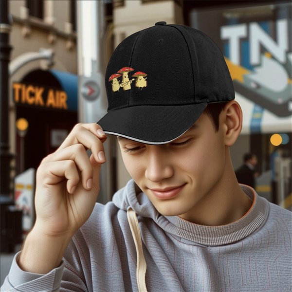 Black baseball cap with singing mushroom band graphic