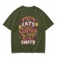 Olive graphic t-shirt with cats and coffee heart quote