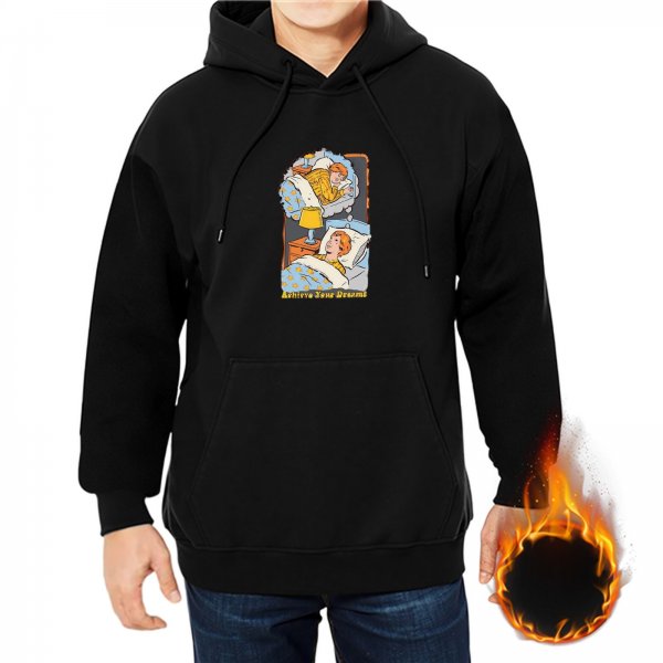 Black hoodie with 'Achieve Your Dreams' sleeping boy dream graphic