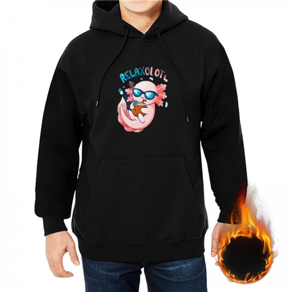 Black hoodie with a relaxed axolotl graphic and 'RELAXOLOTL' text