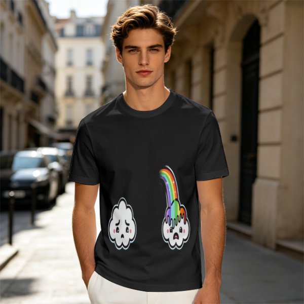 Oversized Olive T-Shirt With Sad Clouds And Rainbow Drip Graphic