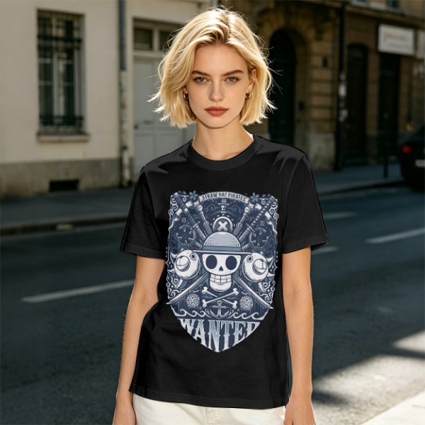 Olive T-shirt with Straw Hat Pirates Wanted Pirate Emblem Print