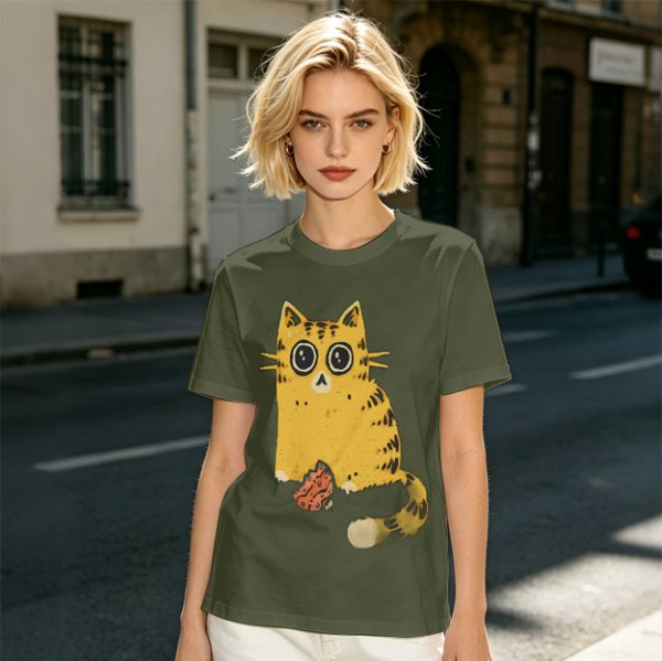 Olive T-Shirt With Cute Surprised Orange Tabby Cat Holding Meat Print