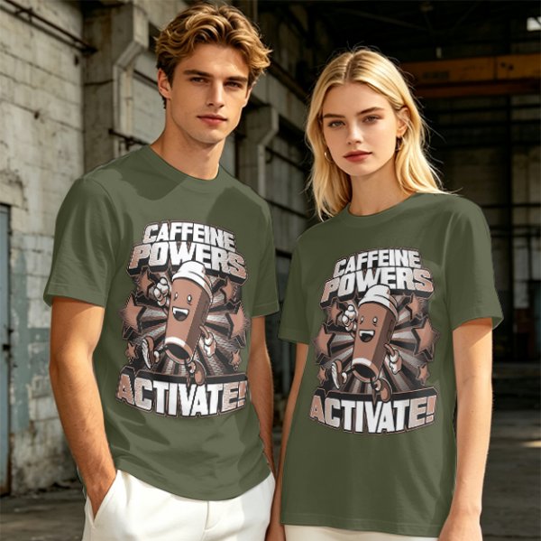 Caffeine Powers Activate! Cartoon Coffee T-Shirt Design