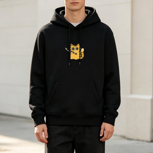 Black hoodie with cute orange tabby cat holding a knife graphic