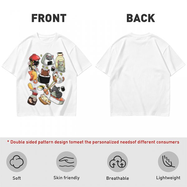 Olive T-Shirt With Cute Sushi Cat Illustrations