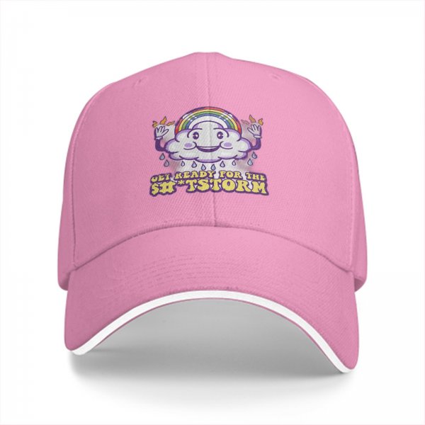 Black baseball cap with funny cloud rainbow storm graphic