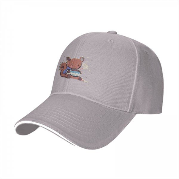 Black baseball cap with cute squirrel holding a steaming tea cup