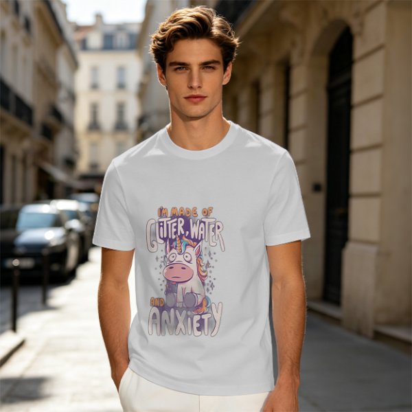 Olive t-shirt with anxious unicorn glitter water and anxiety print