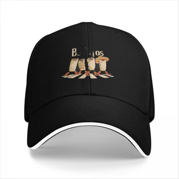 Black baseball cap with burritos crossing Abbey Road graphic