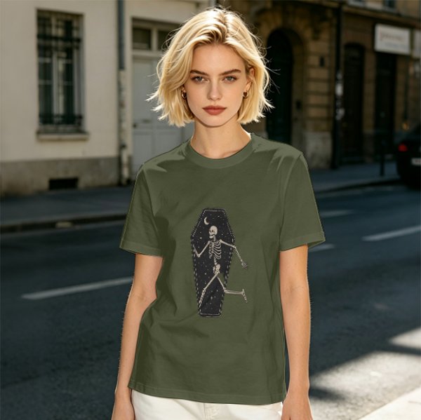 Olive t-shirt with skeleton running from starry coffin graphic