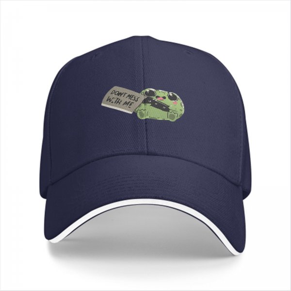 Black baseball cap with cute frog holding 'Don't mess with me' sign