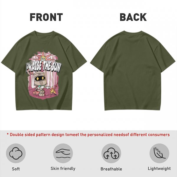 Olive t-shirt with cartoon knight 'Praise the Sun' graphic