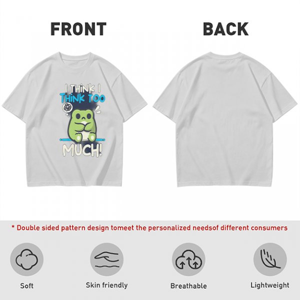 Olive t-shirt with 'I think I think too much' anxious frog print