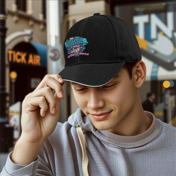 Black baseball cap with 'In My Defense I Was Left Unsupervised' print
