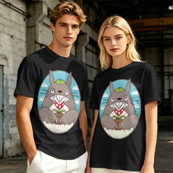 Olive Green T-Shirt with Totoro Holding Piranha Plant Print