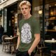 Olive graphic t-shirt with raccoon eating and 'Stop eating TRASH' print