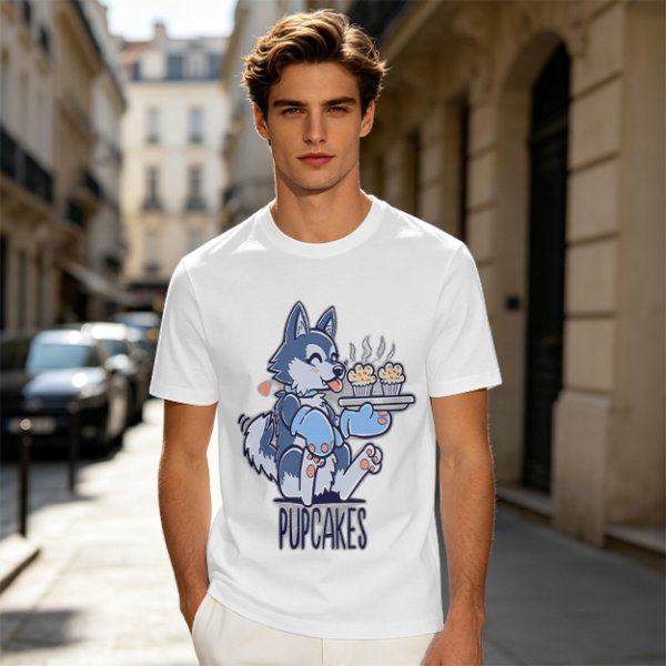 Olive green t-shirt with a husky holding pupcakes graphic