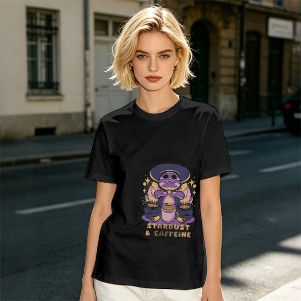 Olive Graphic T-Shirt with Wizard Cat and Stardust & Caffeine Print