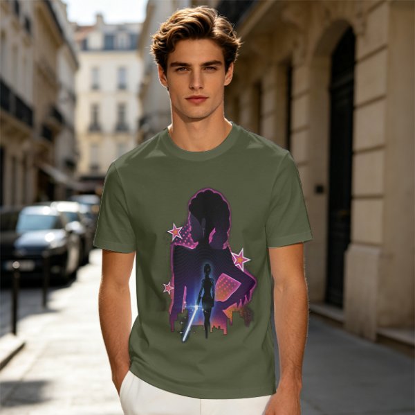 Olive t-shirt with neon star wars style female silhouette print
