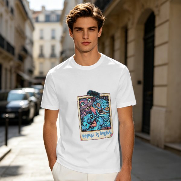 Olive t-shirt with monster polaroid print that says Normal Is Boring