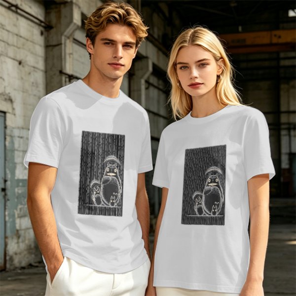 Olive green graphic tee with Totoro family illustration