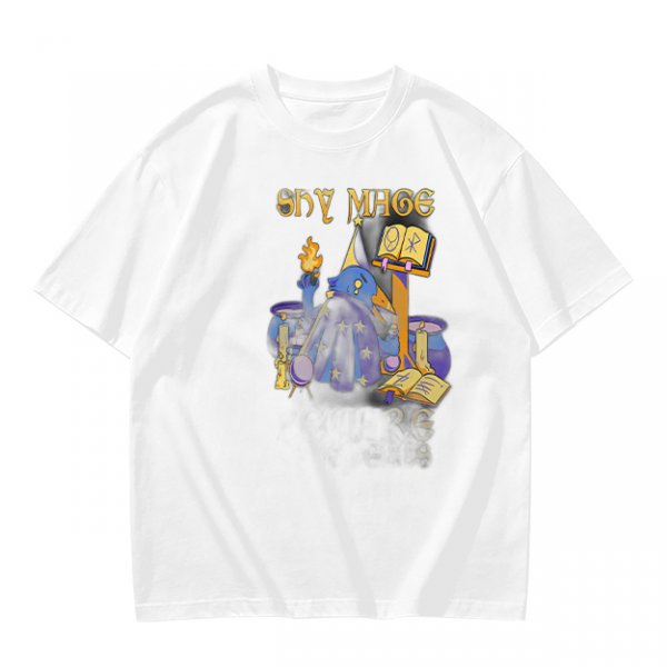 Olive T-Shirt with Shy Mage Wizard and Magical Artwork Print