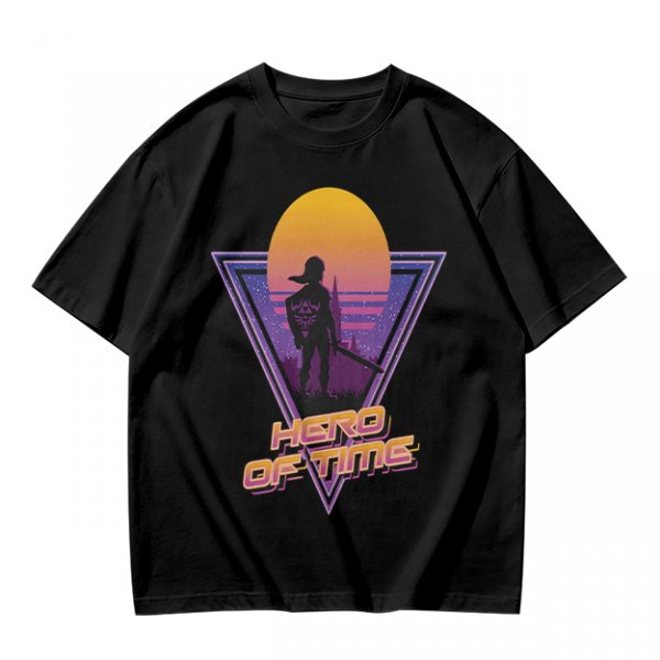 Olive green retro sunset graphic t-shirt with Hero of Time print
