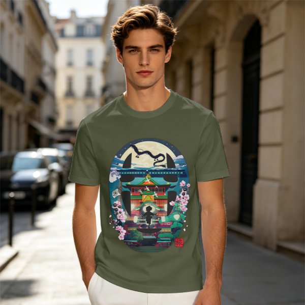 Spirited Away Bathhouse Graphic Tee with No Face and Dragon Art