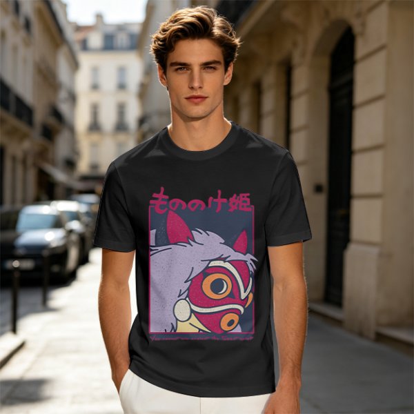 Olive T-shirt with Princess Mononoke Mask Graphic Print
