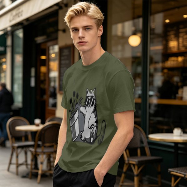Olive T-Shirt With Cool Cat Wearing Sunglasses Knocking Over Potted Plant
