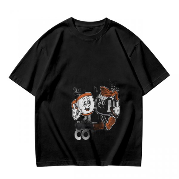 Olive T-Shirt with Retro Cartoon Coffee Cup Characters Graphic