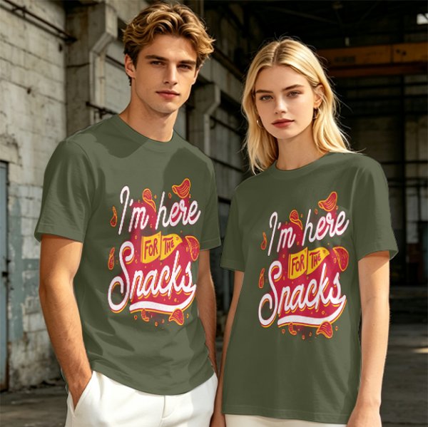 Olive green graphic tee with 'I'm here for the snacks' print