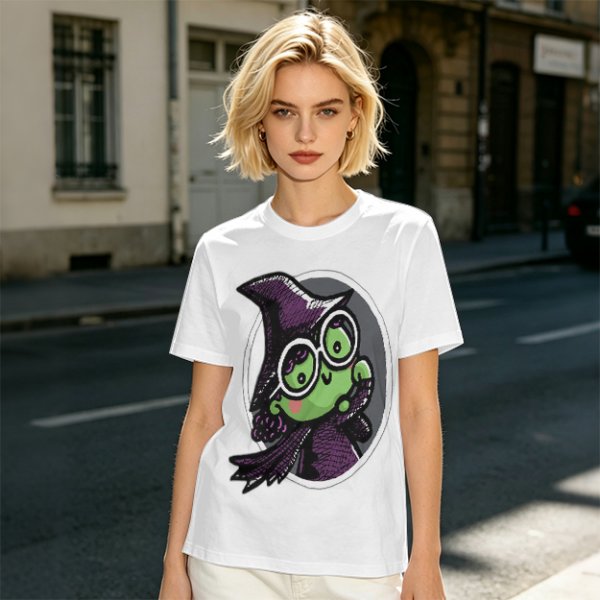 Olive T-Shirt With Cute Green Witch Wearing Glasses Graphic
