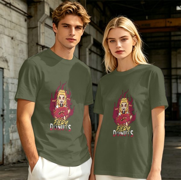 Olive Graphic T-Shirt With Fiery Donut Anime Character Print