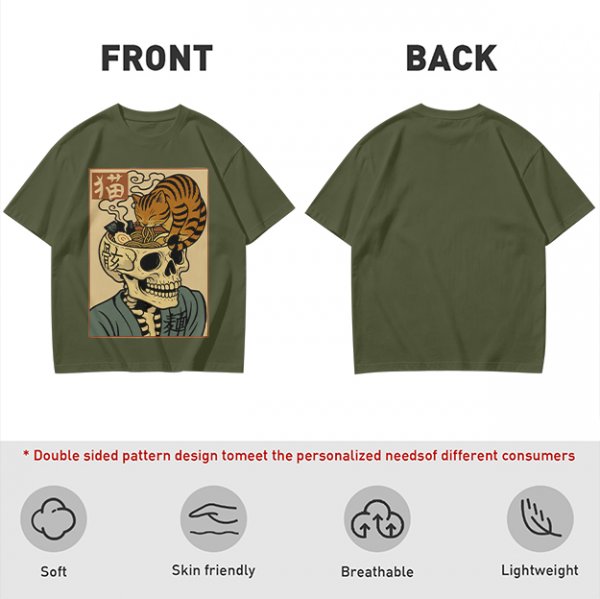 Olive t-shirt with a skull ramen bowl and a napping tabby cat print