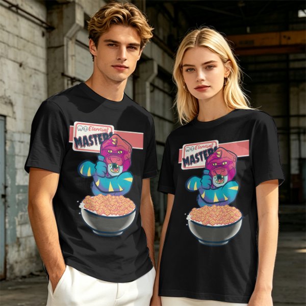 Olive T-Shirt With Cartoon Monster Cereal Bowl Graphic And Eternal Masters Text