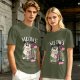 Olive T-Shirt with Punk Rock Cat Singing Microphone Graphic