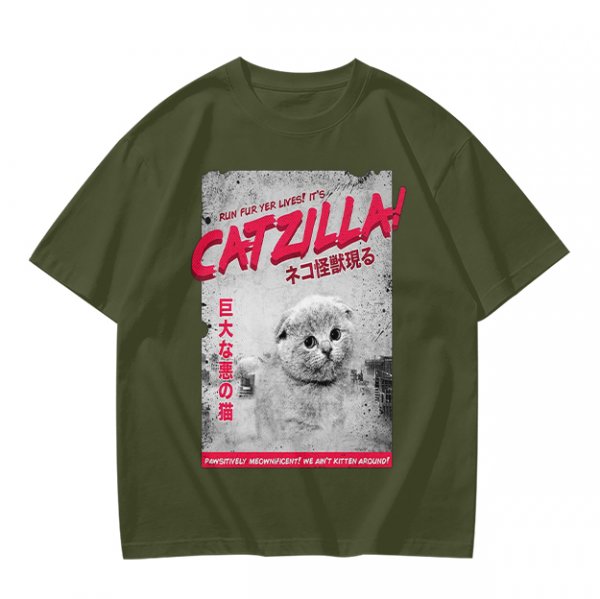 Olive green t-shirt with Catzilla giant cat monster graphic print
