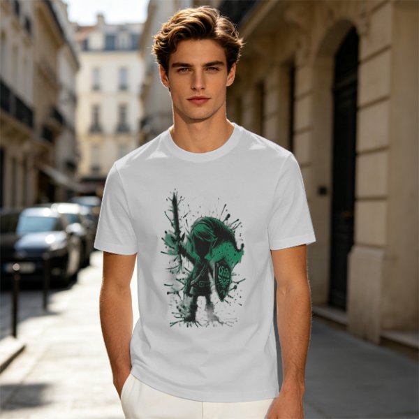 Olive Green T-Shirt With Legendary Hero Ink Splatter Art