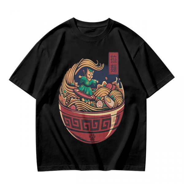 Olive T-shirt with Samurai Cat Surfing Ramen Bowl Art