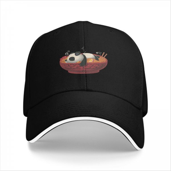 Black Baseball Cap With Panda In Ramen Bowl Graphic