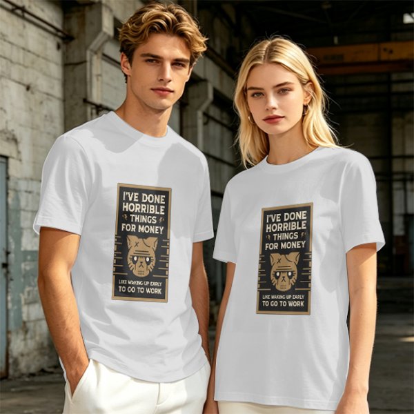 Olive T-Shirt With 'I've Done Horrible Things For Money' Cat Work Print