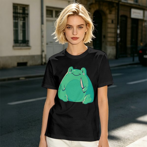 Olive Green T-Shirt With Cute Frog Holding Knife Graphic