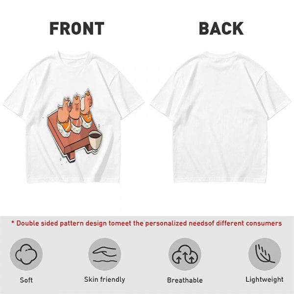 Olive green t-shirt with capybara sushi print design