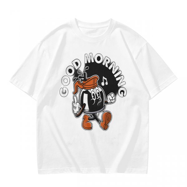 Olive t-shirt with retro coffee pot cartoon and Good Morning text
