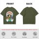 Olive green t-shirt with cat coffee cup graphic and playful text design
